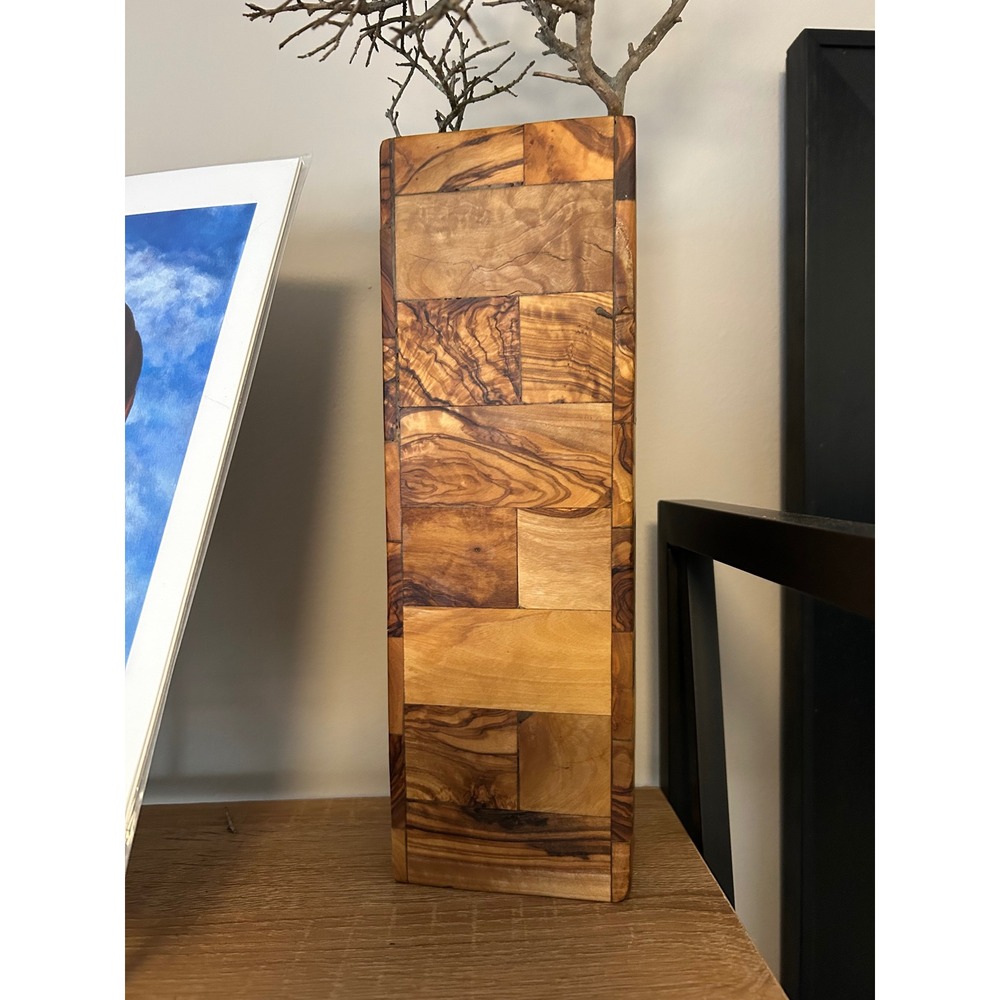 Olive Wood Patchwork Rectangular Vase Decorative‎ Mosaic Wood Holder 10.5 Inch